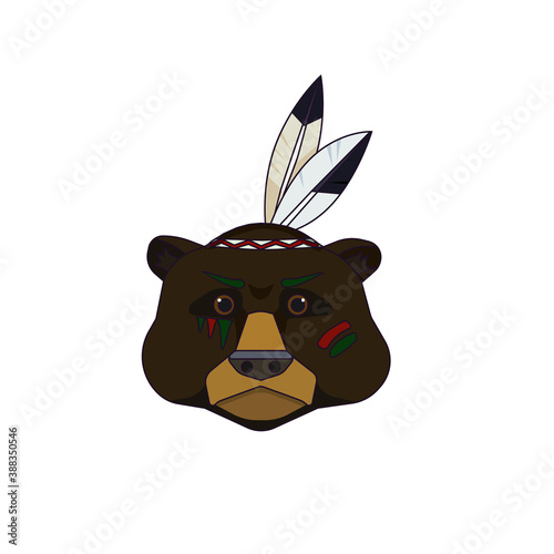 Head of Grizzly bear in traditional native American style with a band and feathers on white isolated background, vector illustration in Cartoon style, concept of American culture and Indians, Animals.