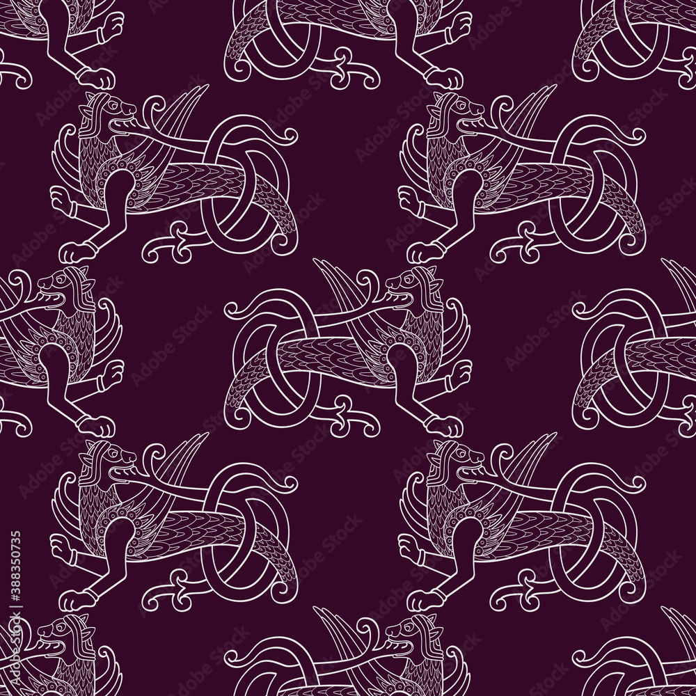 Seamless vector pattern with ancient Slavic symbol Simargl or Chernihiv Beast for your project Seamless vector pattern with ancient Slavic symbol Simargl or Chernihiv Beast for your project