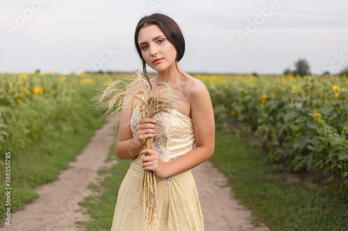 woman walking in golden dried grass field. Natural portrait beauty. Beautiful girl keeping wheat crop in her hands while in yellow wheat field