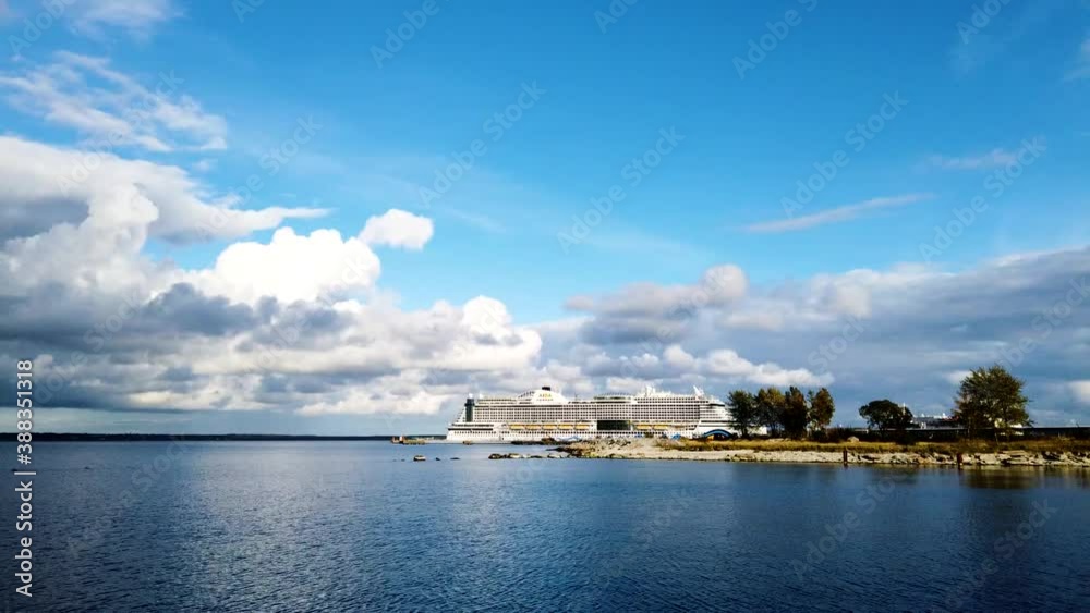 Beautiful static time-lapse of huge cruise ship in the port of Tallin city, Estonia Beautiful static time-lapse of huge cruise ship in the port of Tallin city, Estonia