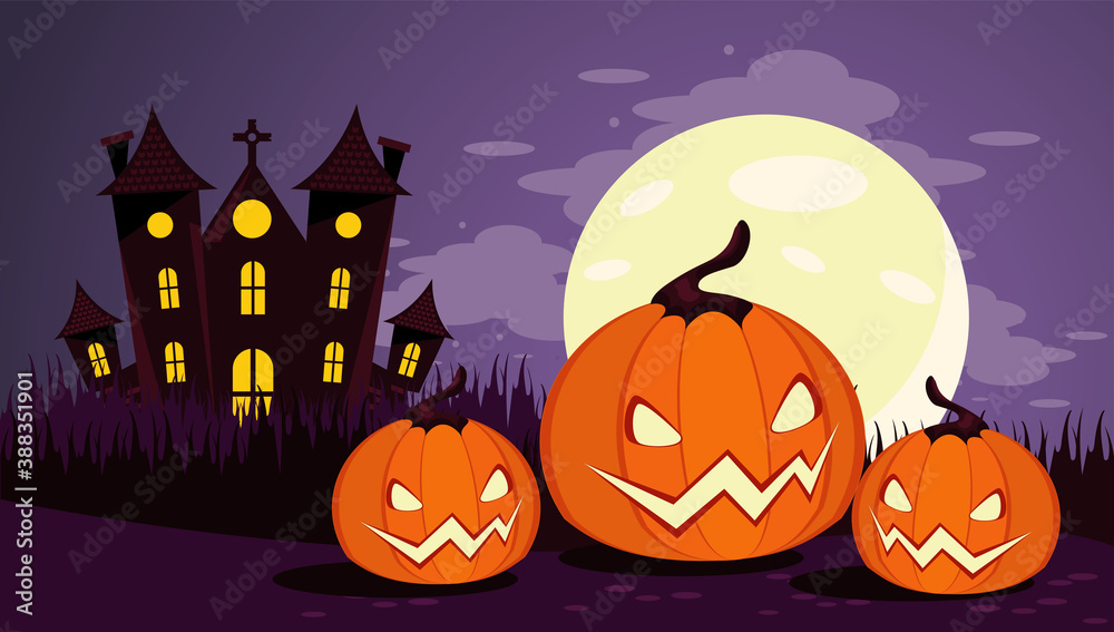 happy halloween celebration card with haunted castle and pumpkins