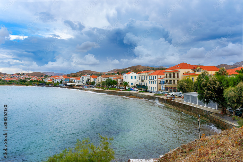 The city of Myrina on the island of Lemnos under the cloudy sky