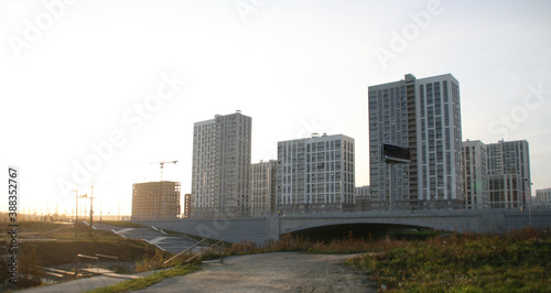 Modern residential high-rise buildings in Russia. Real estate background. Real estate market concept. Apartment building. New builded residential building. Banner size