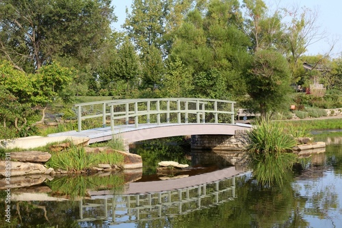 The light blue wood bridge in the park on a sunny day.
