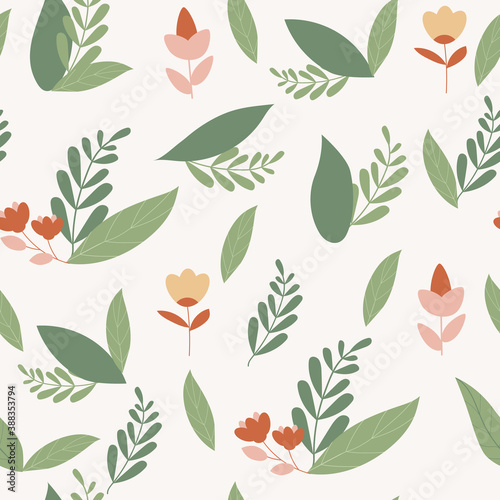 Spring seamless pattern of green leaves and wild flowers. Theme of ecology  environment  nature protection