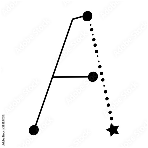 Constellation themed letter A. Dots and star line art. Vector illustration.