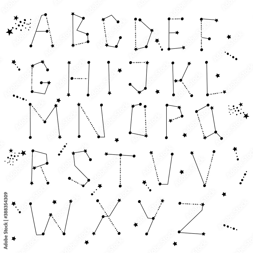 Constellation themed alphabet. Dots and star line art. Constellation concept ABC poster. Vector illustration. Constellation themed alphabet. Dots and star line art. Constellation concept ABC poster. Vector illustration.