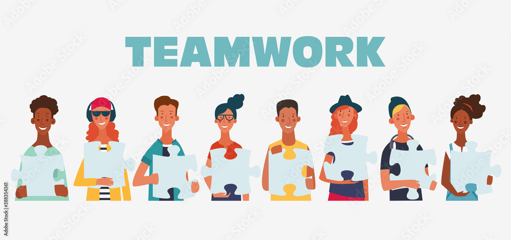 Young people holding the big jigsaw puzzle piece. Friendship, partnership, cooperation, collaboration and teamwork vector concept Young people holding the big jigsaw puzzle piece. Friendship, partnership, cooperation, collaboration and teamwork vector concept