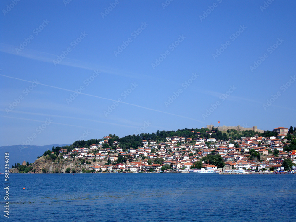 A general view of Ohrid town from Lake Ohrid, in the Republic of Macedonia.