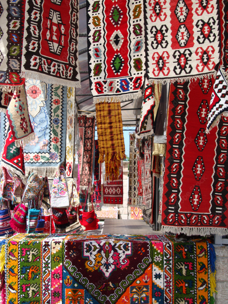 Hand loom kilims, carpets and textile products in a handicraft stall in Skopje, the capital of the Republic of Macedonia.