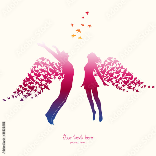 The girl and boy jumping with swarm of birds.