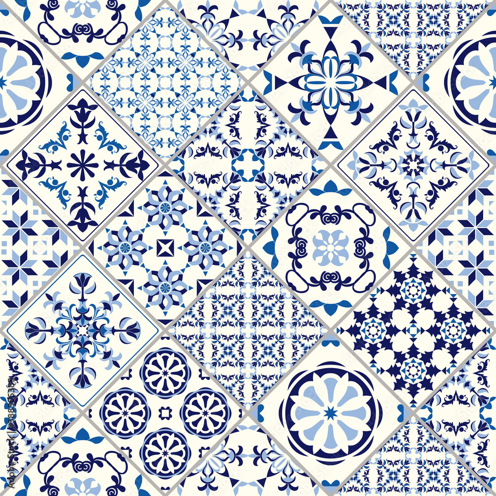 Vector seamless tile pattern. Abstract background. Ceramic tiles. Indigo blue flower azulejos decoration