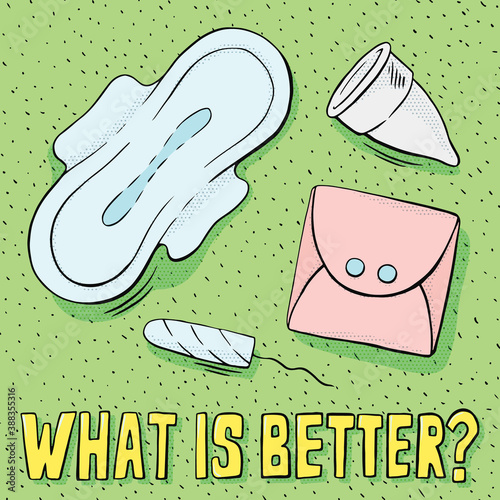Feminine hygiene natural products composition with reusable cotton pads tampon and menstrual cup, what is better to choose banner in pop art style