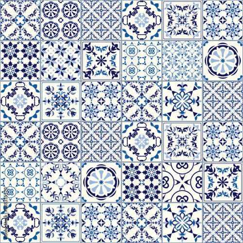 Vector seamless tile pattern. Abstract background. Ceramic tiles. Indigo blue flower azulejos decoration
