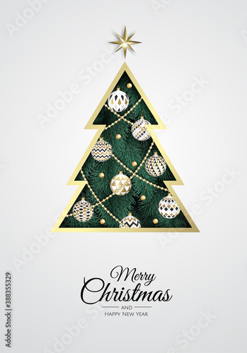 Merry Christmas and Happy New Year. Xmas background with xmas tree, Snowflakes, star and balls design.
