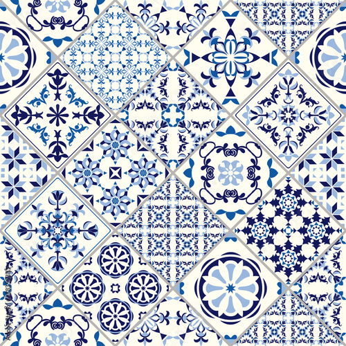 Vector seamless tile pattern. Abstract background. Ceramic tiles. Indigo blue flower azulejos decoration