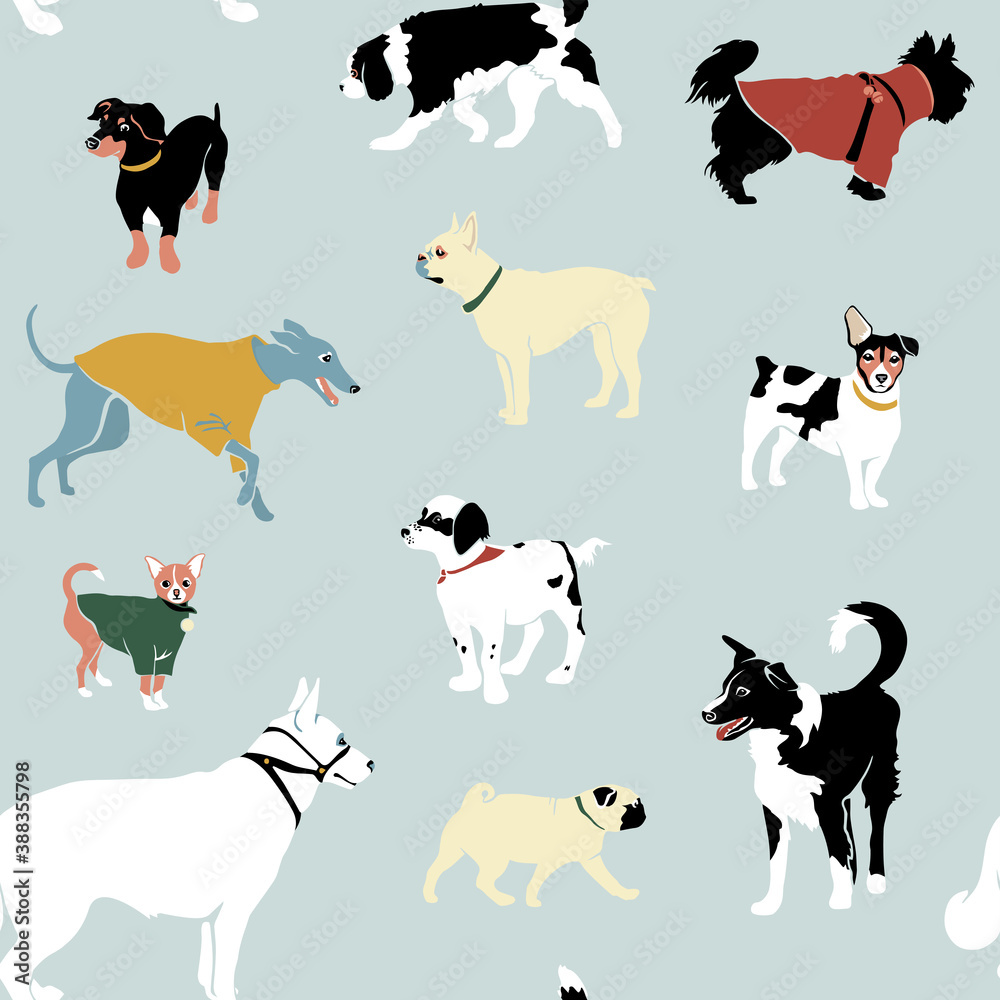 Seamless pattern. Dogs of different breeds. Vector illustration