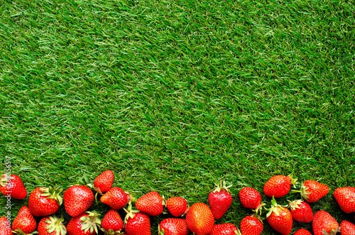 red fresh strawberries on green grass, close view