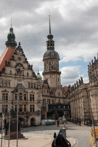 View of historical buildings, castle churches and women's church during the Corona Lockdown without tourists of the city of Dresden, Saxony, Germany