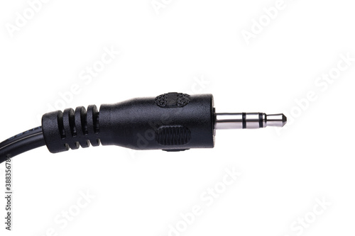Black audio cable isolated on white background. Jack 3.5 mm