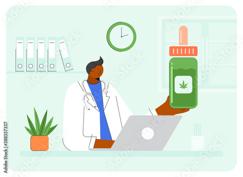 Male doctor show advantages of medical marijuana, cannabinoids medicinal drugs. Bottle with CBD oil.