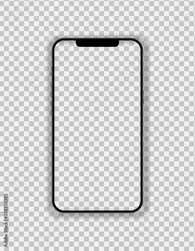 Phone with thin black frame and blank screen on transparent backgtound. Front view. Vector isolated illustration for presentation, ui ux design.