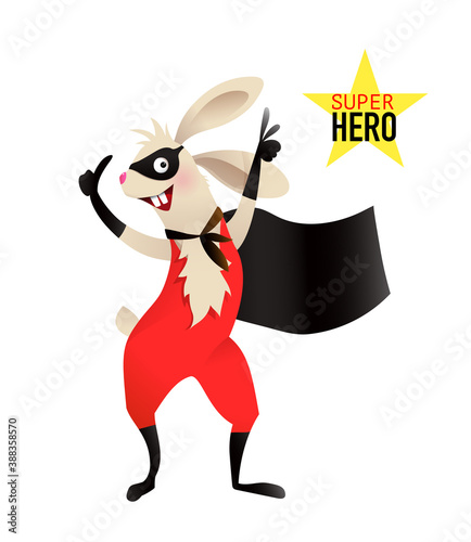 Superhero baby rabbit wearing costume with mask and cape. Cheerful animal show design for kids. Vector character design.