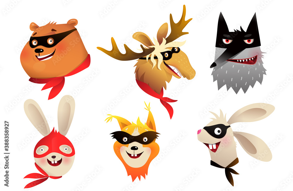 Superhero animals separate heads portraits wearing mask for kids costume party design. Vector brave characters illustration for children in watercolor style.