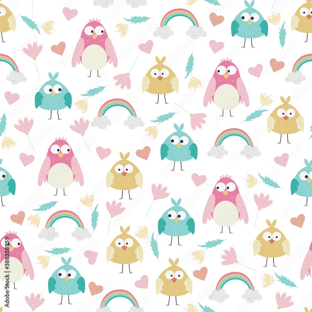 Seamless vector pattern with cute cartoon owls, flowers and rainbow.