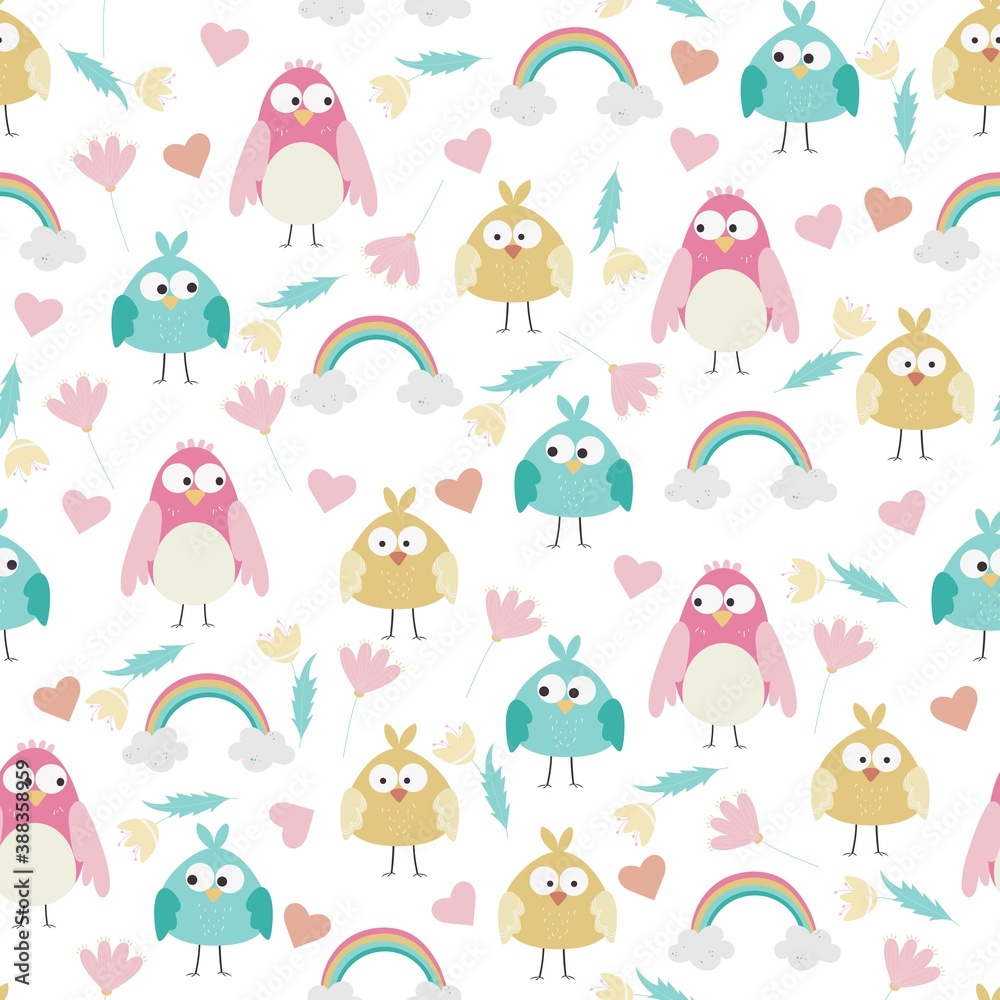 Seamless vector pattern with cute cartoon owls, flowers and rainbow. Seamless vector pattern with cute cartoon owls, flowers and rainbow.