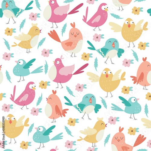 Seamless vector pattern with little cute birds and floral elements.
