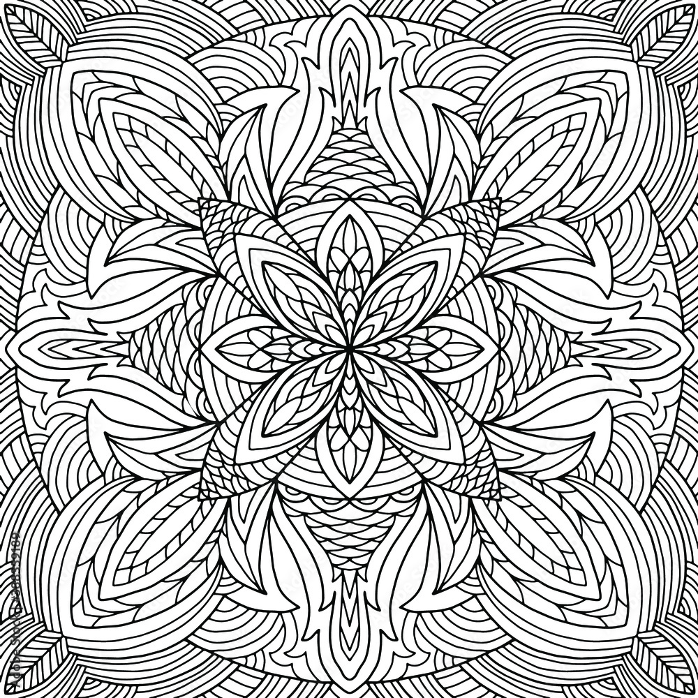 Linear and floral ornaments in folk style hand drawn and forming a mandala for coloring, vector, coloring book pages Linear and floral ornaments in folk style hand drawn and forming a mandala for coloring, vector, coloring book pages