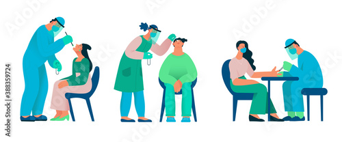 Group of Healthcare workers with protective equipment performs coronavirus swabs on Caucasian people. Nose swab probe, buccal swab probe and blood sampling from a finger. Coronavirus testing. Flat car