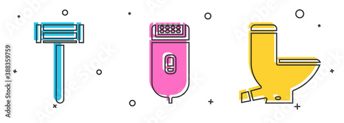 Set Shaving razor, Electrical hair clipper or shaver and Toilet bowl icon. Vector.