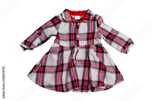 Children's checkered dress isolated on white background, clipping path of the child dress