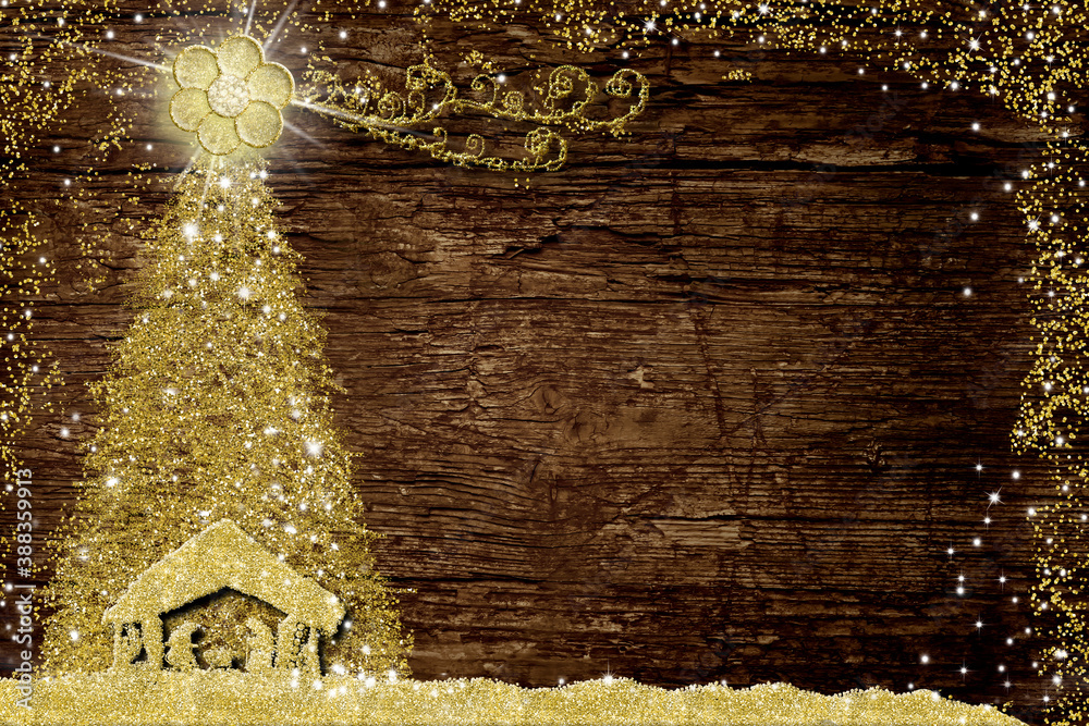 Christmas Nativity Scene and tree, religious greetings cards. Stock Photo Adobe Stock