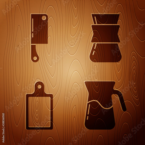 Set Jug glass with water, Meat chopper, Cutting board and Coffee turk on wooden background. Vector.