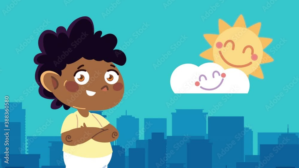 happy afro little boy on the city animation character
