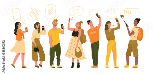 Group of young stylish women and men holdings smartphone, taking selfies. Selfies creative concepts. Flat cartoon vector illustration for designers templates