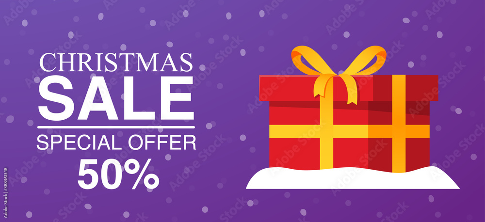 Christmas sale gift.Wrapped gift in a red box with gold ribbons.Horizontal christmas posters.Discount  banner concept.Winter holiday gifts.Vector realistic illustration.