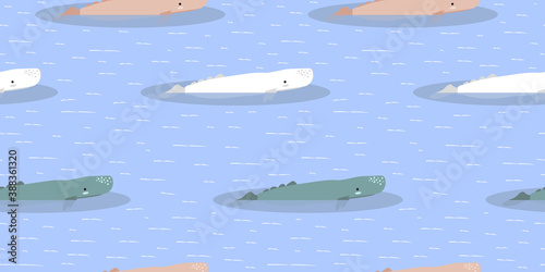Whale seamless pattern, A cute colorful Sperm whale on a blue background.	