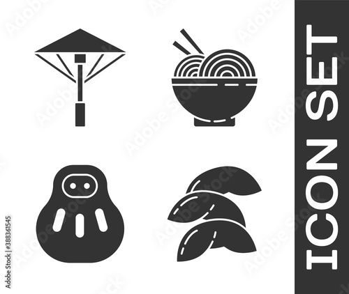 Set Chinese fortune cookie, Japanese umbrella from the sun, Maneki neko cat and Asian noodles in bowl and chopsticks icon. Vector.