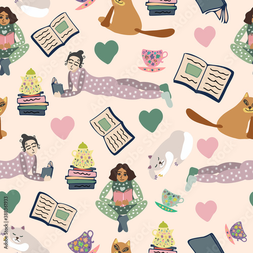 Seamless vector colorful pattern illustration of girls reading books