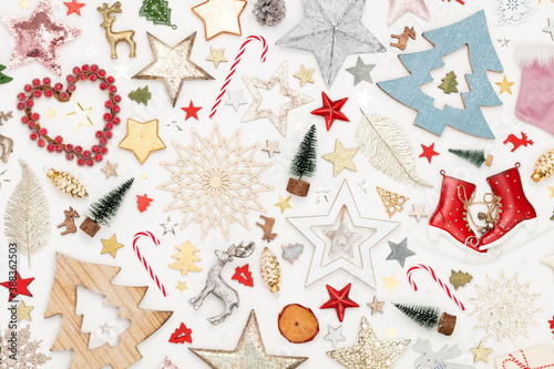 Christmas flat lay background on the white wooden table.