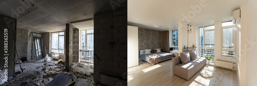 Room with unfinished walls and a room after repair. Before and after renovation in new housing.