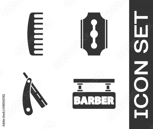 Set Barbershop, Hairbrush, Straight razor and Blade razor icon. Vector.