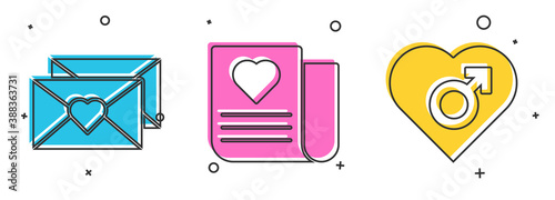 Set Envelope with Valentine heart, Envelope with Valentine heart and Heart with male gender icon. Vector.