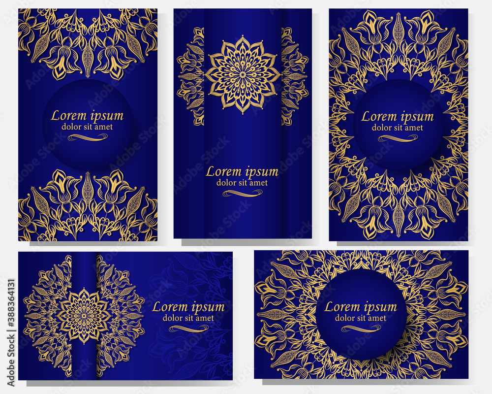 Fototapeta premium Set of five luxurious backgrounds with the image of golden mandala on blue background. Ethnic ornament on invitation, envelope, poster, cover.
