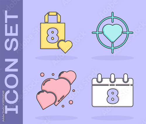 Set Calendar with 8 March, Shopping bag with heart, Heart and Heart in the center of target aim icon. Vector.