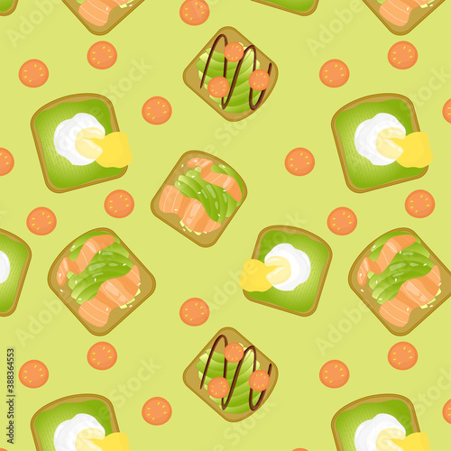 Vector seamless patern with avocado toasts. Harty healthy breakfast